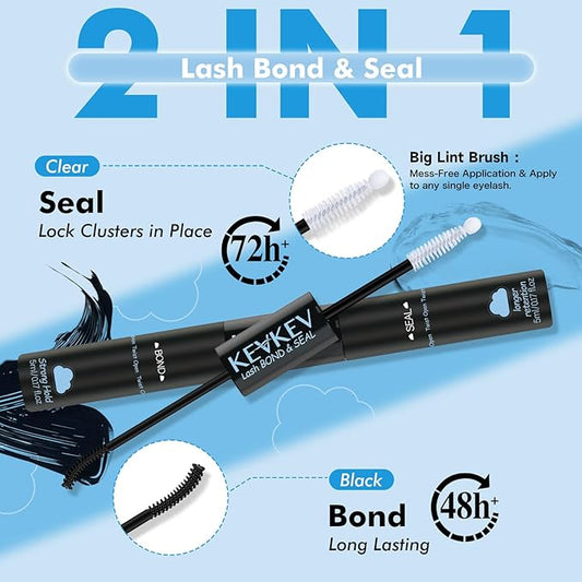 KEVKEV Lash Cluster Glue, Bond And Seal Lash Glue, 2 in 1 Waterproof Lash Bond & Seal for Clusters Strong Hold 72H+ Oilproof Latex-Free Easy To Apply (10ml, Black)
