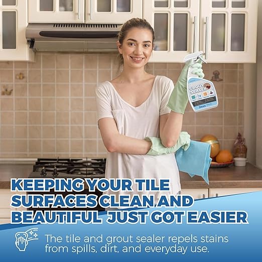 32oz Grout Sealer Spray Complete Kit with 4 Tools(Covers 200+ SF), Waterproof Tile Sealer for Shower, Kitchen, Bathroom - 100% Safe Indoor & Outdoor, Clear Grout Sealant Protector for Stone, Marble