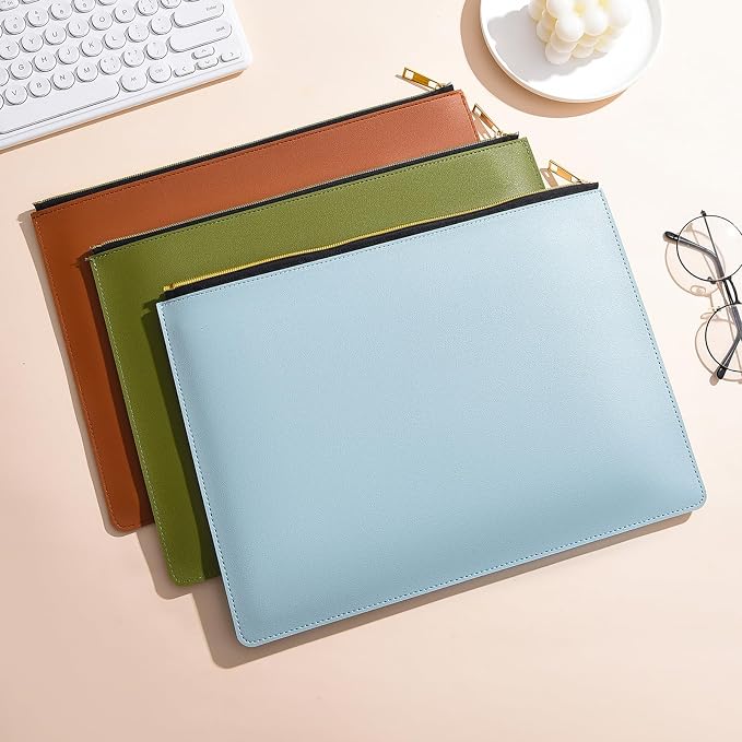 PU Leather A4 File Folder Zipper Document Holder Envelope Folder Case for Receipt Contract (1, Light Blue)