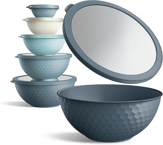 COOK WITH COLOR Mixing Bowls with Lids - 12 Piece Plastic Nesting Bowls Set includes 6 Prep Bowls and 6 Lids, Microwave Safe Mixing Bowl Set, Blue Embossed