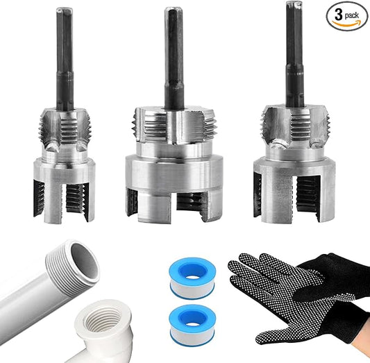3Pcs Pipe Threading Tool,PVC Pipe Threader Kit,Dual-Function Internal & External Pipes Threading Tool for 1/2",3/4",1" Plastic Pipes,with 2 rolls PTFE Tape & 1 pair Gloves,for Home Repair