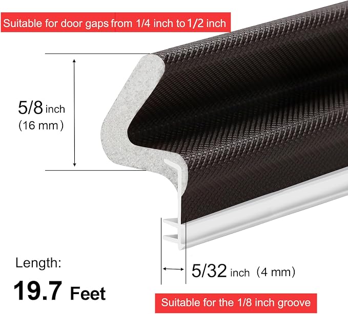 19.7FT Kerf V‑Shaped Weather Stripping Door Seal, Press‑in Seal for Pre‑Cut Slot Doors, Not Self‑Adhesive, Soundproof Draft Blocker for Exterior Front Doors, Fits Large Gaps, Easy DIY Install (Brown)
