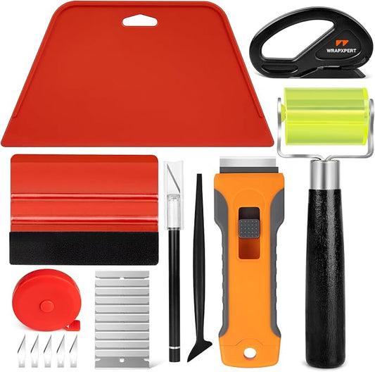 WRAPXPERT Wallpaper Tools, Smoothing Tool Kit for Peel and Stick Wallpaper/Contact Paper/Vinyl Backsplash Applying, with Squeegee Smoother, Seam Roller, Razor Scraper, Knife and Blades