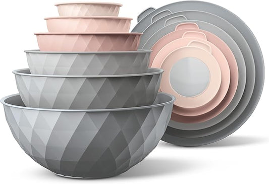 COOK WITH COLOR Mixing Bowls with Lids - 12 Piece Plastic Nesting Bowls Set includes 6 Prep Bowls and 6 Lids, Microwave Safe Mixing Bowl Set, Grey/Pink Diamond