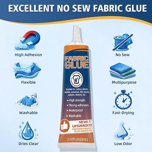 Fabric Glue Permanent, Washable Clothing Glue for All Fabrics, Waterproof Adhesive for Leather, Denim, Cotton, Polyester, Ideal for Patches, Repairs & Crafts (60ml)