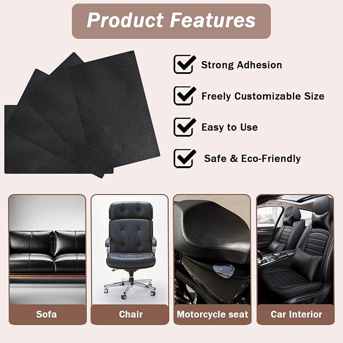 4PCS Self-Adhesive Leather Repair Patches, 8 x 12 Inch Black Repair Patch Tape for Couches Waterproof Leather Patches for Furniture, Sofa, Chair, Car Seats (Black)