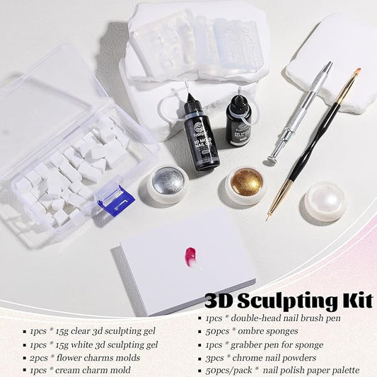 Fcozpjk 3D Gel Nail Art for Nails Starter Kit: 15ML Clear and White 3D Sculpting Gel with 3PCS Silicone Flowers Nail Charm Molds Gold Silver Chrome Powder Ombre Sponges Salon Supplies DIY Manicure