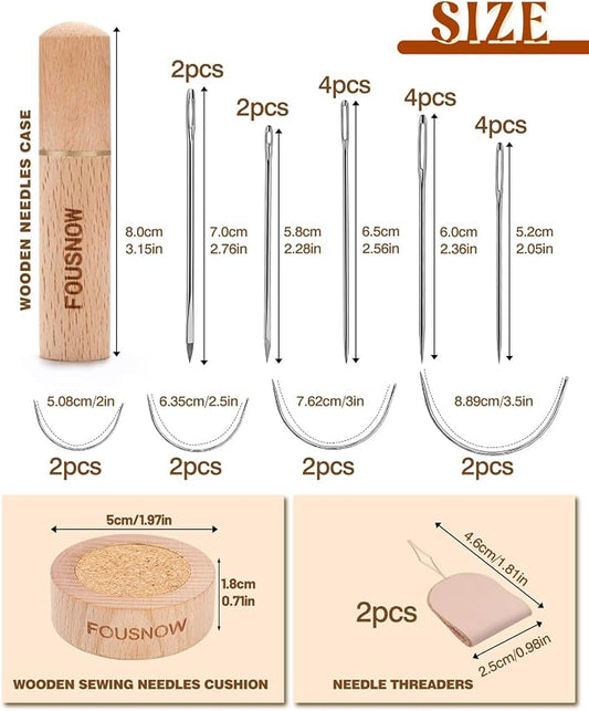 FOUSNOW 28 Pcs Leather Sewing Needles Kit, Heavy Duty Sewing Needles Kit with Upholstery Needles, Needle Threaders for Hand Sewing, Curved Needles for Leather Upholstery Car Carpet Sofa Repair