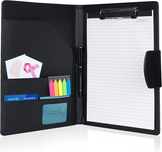 Agoer Professional Padfolio Clipboard Folder with 3xMagnetic Closure Cover | Faux Leather,A4 Size,With A4 Writing Pad & Pen & Sticky Tab,for Business Office Conference(Black),Portfolio Legal Pad Holder