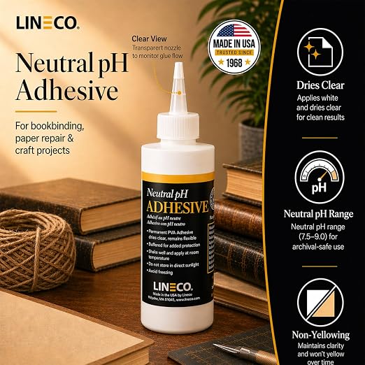 LINECO Neutral pH Adhesive 8 Oz, Acid-Free, All-purpose Glue, Dries Clear and Remains Flexible. Used for Bookbinding and Book Repair, Framing, Collages, Paper Art and Crafts