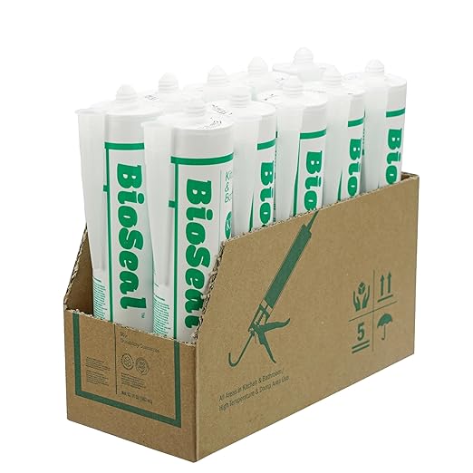 Clear BioSeal 100% Silicone Sealant Caulk Kitchen and Bath Grade, Waterproof and Low Odor 10.1 Ounce Cartridge, Clear, (Pack of 10)