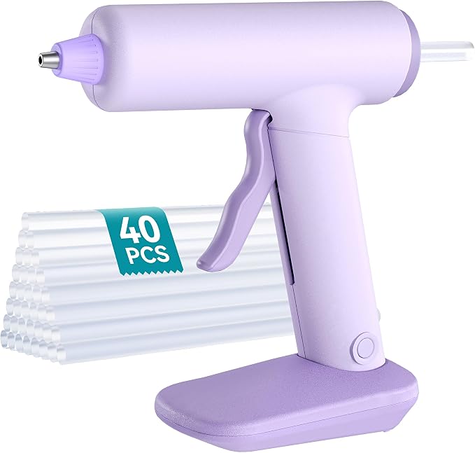 Cordless Hot Glue Gun Kit USB-C Rechargeable Magnetic Mount Base with 40 Premium Glue Sticks for DIY Crafts and Gifts（Purple）
