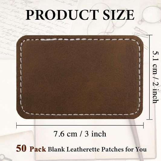 50 Pack Blank Leatherette Hat Patch with Adhesive, Rectangle Laserable Leatherette Patch, Faux Leather Patches for Hats Custom Fabric Repair Sew Laser Supplies (Brown to Silver)
