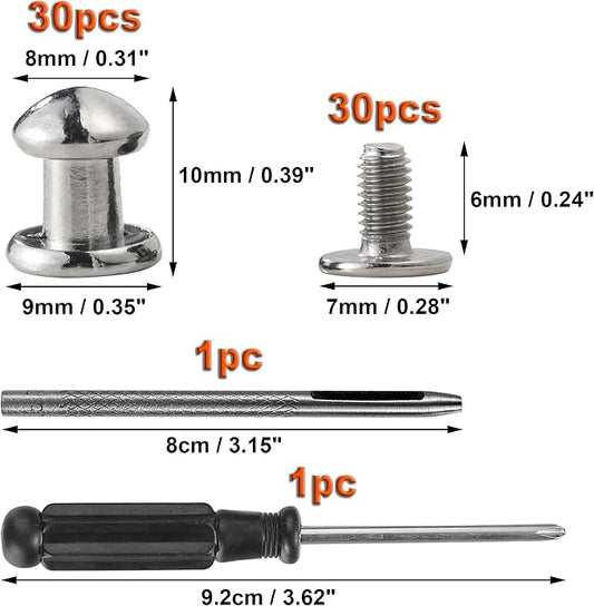 YORANYO 30 Sets 8MM Round Head Button Stud for Leather Chicago Screws Spikes and Stud Leather Rivets Screws Button Rivets for Repair and Decorate Clothing Shoes Belts Bags Dog Collars (Silver)