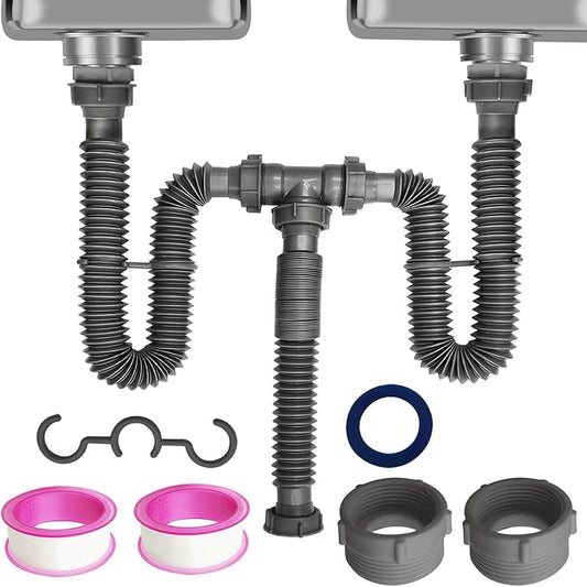 Flexible Expandable Double P-Trap Kit for 1 1/2" or 1 1/4" Double Bowl Sink Drain, Tube Pipes Kit Fit for Kitchen, Bathroom, Complete with Sealing Ring, Tape, and Tubing