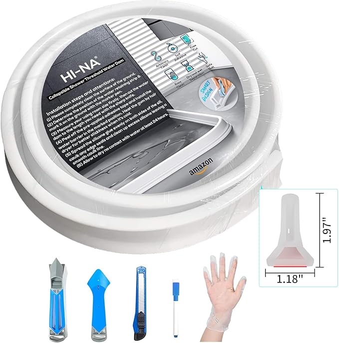Hi-Na 3ft/5ft/6ft/8ft10ft Collapsible Shower Threshold Water Dam Water Barrier for Shower and Water Stopper Keeps Water Inside Water Threshold for Wet and Dry Separation (3ft, Clear)