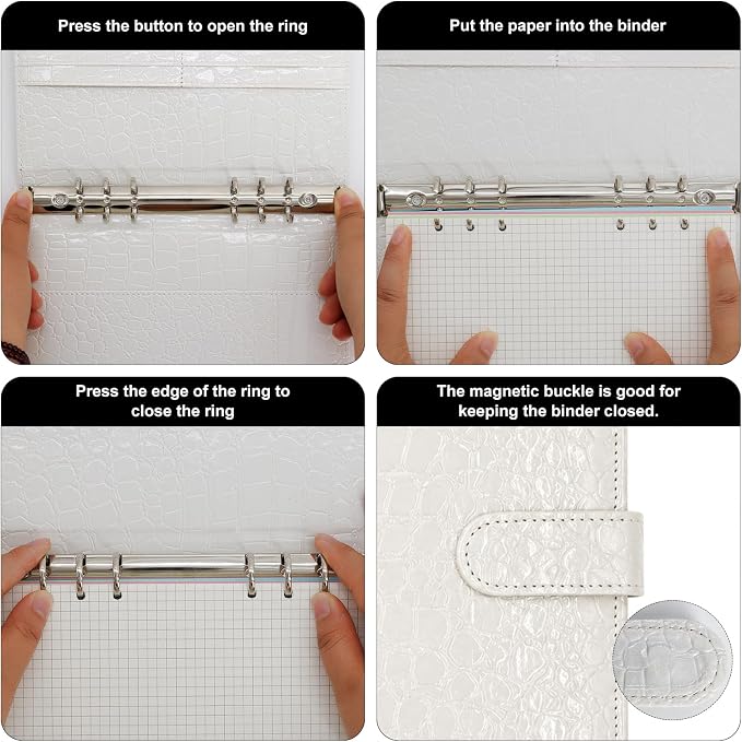 Convend A6/A5 Refillable 6 Ring Faux Leather Budget Binder,Mini Notebook Binder Cover for A5 Filler Paper,Loose Leaf Personal Planner Cover with Magnetic Buckle Closure(Crocodile-White)