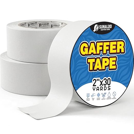 Gaffers Tape Heavy Duty, Easy to Rip, Residue-Free Professional Grade Floor Tape for Electrical Cords, Matte Finish Non Reflective, Weather Resistant (3, White, 2" x 30 Yards)