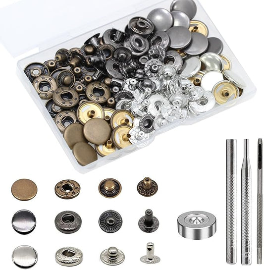 BetterJonny 24 Sets Heavy Duty Leather Snap Fasteners Kit, 15mm Metal Snap Buttons Press Studs Leather Rivets Snaps with 4 Setter Tools for Clothes Bracelet Jackets Jeans, 3 Color