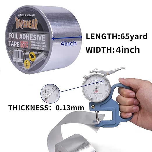 TAPEBEAR Fiberglass Aluminized Foil Tape 4inch x 65Yards, Heat Shield Thermal Barrier Adhesive Backed Heat Reflective Tape Cool Tape for Air Dryer Vent, HVAC, Heating Unit, Auto, Pipe, 196Ft