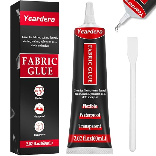 Yeardera Fabric Glue, Permanent, Clear, Washable Adhesive for Clothing, Patches, Leather, Cotton, Denim, Polyester, Flannel, and All Fabrics