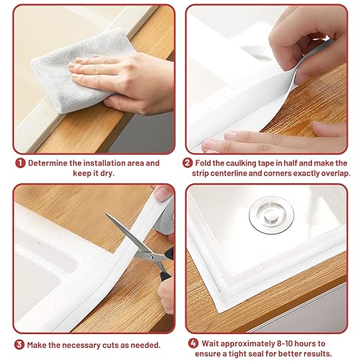 Fixmend Caulk Tape, 2 Roll Self Adhesive Caulk Strip Waterproof, Caulking Sealant Tape for Kitchen, Countertop, Bathroom, Sink, Shower, Bathtub, Toilet Edge Protector with Sealing Tool (1.5" x 10.5Ft)