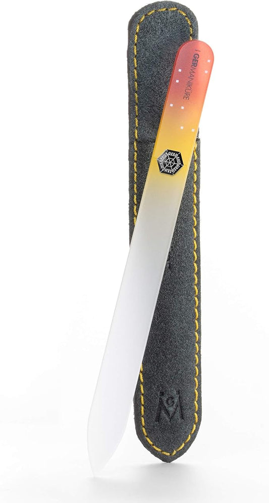 GERMANIKURE Czech Crystal Glass Nail File in Suede Leather Case - Original Orange - Professional Manicure & Pedicure Products for Smooth Easy Shaping of Natural Nails