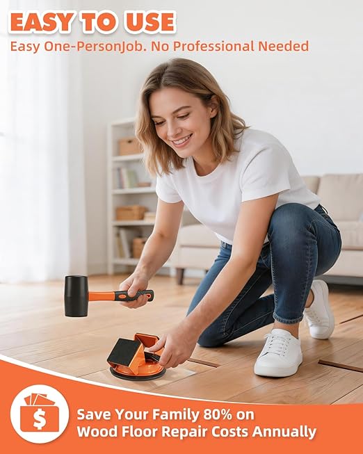 Floor Gap Fixer Tool Kit with Rubber Mallet, Dual 45° Striking Tool for Laminate & Vinyl Plank Flooring, Heavy Duty Suction Cup Set with 8 Sticky Pads & Gap Cleaning Brush