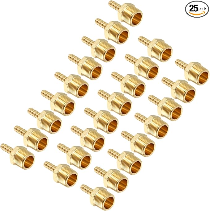 Pack of 25 Brass Hose Barbs Fittings 5/16" Hose Barbs to 1/2" NPT Male Fittings for Home Machines, Massage Bathtubs, and Irrigation Systems