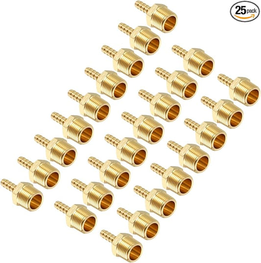 Pack of 25 Brass Hose Barbs Fittings 5/16" Hose Barbs to 1/2" NPT Male Fittings for Home Machines, Massage Bathtubs, and Irrigation Systems