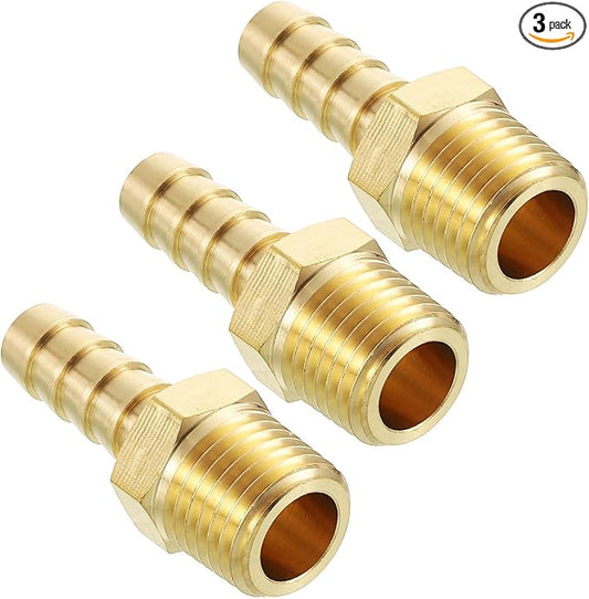 Pack of 3 Brass Hose Barb Fittings Adapter Connector 5/16" Hose Barb to 1/4" NPT Male Fittings for Home Machines, Massage Bathtubs, and Irrigation Systems