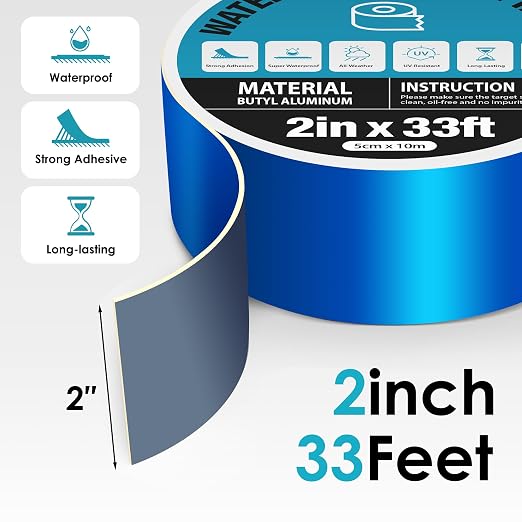 Blue Waterproof Butyl Tape, 2in x 33ft - W x L, All Weather Strong Adhesive Butyl Sealant Tape Metal Roof Repair for Pool Cover, RV Roof, Awning, Windows, Boat, Gutter Patch