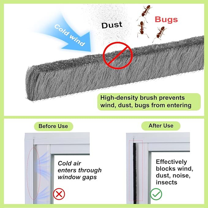 ZOMPAGO Strong Adhesive Brush Weather Stripping 2 Rolls 0.2in (T）x 0.4in (W) x 33FT, Door Seal for Sliding Windows & Doors,Soundproof Noise Blocker,Draft Stopper for Garage Door Frame & Exterior Doors