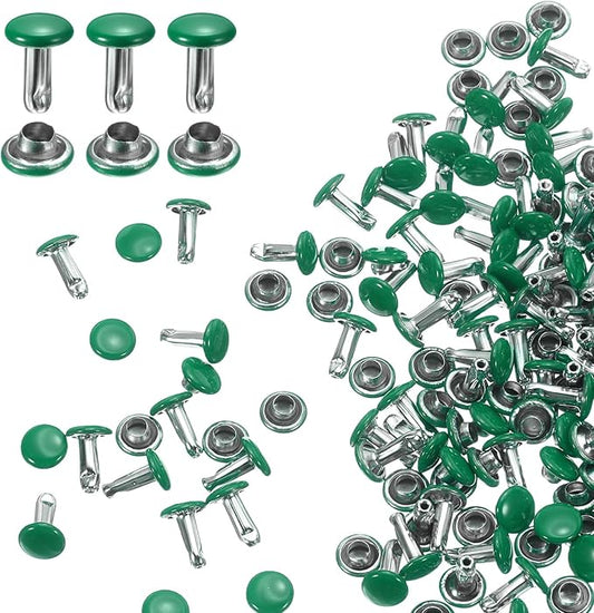 HARFINGTON 100 Sets Double Cap Leather Rivets, 6x8mm Round Cap Tubular Metal Studs Leather Crafting Rivets for Fabric Belt Pet Collar Boot Bag Repair and Decoration, Green
