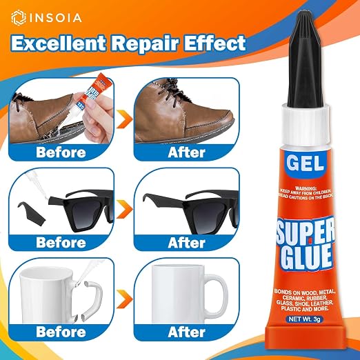 Super Glue Gel Clear Non-Drip, 24 X 3g All Purpose Strong Adhesive Ca Glue Quick Dry Instant Glue for Plastic, Metal, Ceramic, Shoe, Wood, Leather, Model, Aquarium, Rhinestone, Jewelry and DIY Crafts