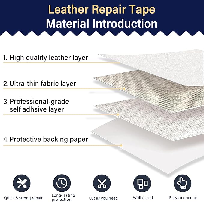 Zenyao Leather Repair Patch Tape - Self Adhesive Leather Repair Kit for Car Seat Furniture, Heavy Duty Vinyl Repair Patch for Couch Sofa, Waterproof for Rips Scratches Tears, 3x60 Inch Roll, White