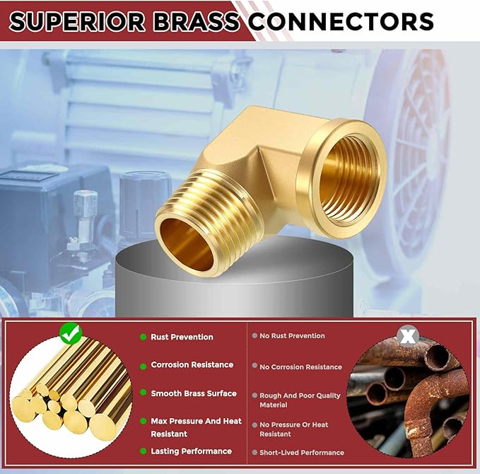 Pack of 2, 90° 1/2" FNPT to 1/2" MNPT Solid Brass Barstock Street Elbow W/Sealing Tape, Forged Pipe Fitting for Pipe Leak Repair, Bathroom Remodeling, Tool Extension, Compression