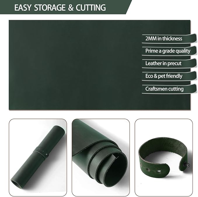 RingSun 12''X12'' Green Leather Sheets for Crafts (4mm), Full Grain Leather Tooling Leather