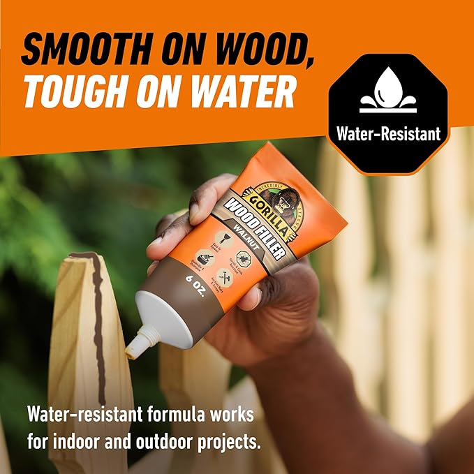 Gorilla All Purpose Wood Filler, Walnut Color, 6 Ounce Tube (Pack of 6) - Water Resistant for Indoor or Outdoor Projects and Repairs