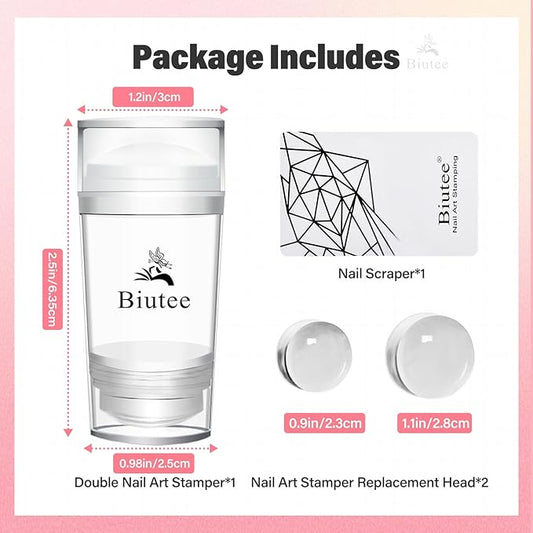 Biutee French Tip Nail Stamp 4PCS Nail Art Stamper Kit with Replacement Nail Stamper Heads Clear Silicone Nails Jelly Stamper with Scrapers Nail Printing Tool for French Manicure Home DIY Art Salon
