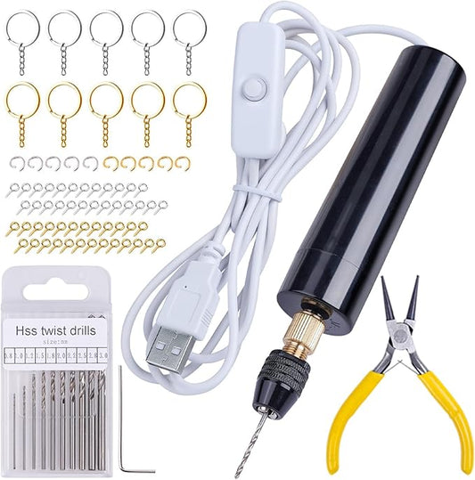 LET'S RESIN Electric Drill, 74Pcs Mini Drill with 3-Jaw Clamp-Applicable to A Larger Drilling Range (0-3mm), Keychain Making Kit, Jewelry Making Kit, Electric Hand Drill for Jewelry, Resin, Plastic