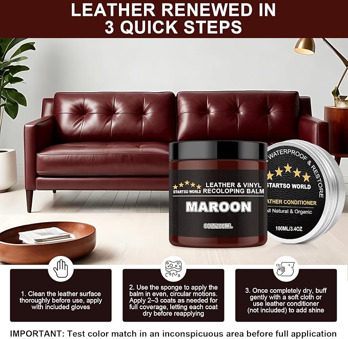 STARTSO WORLD 200Ml Leather Recoloring Balm with 100ML Leather Conditioner, Maroon Leather Repair Kit for Furniture, Leather Dye, Leather Scratch Repair, Leather Couch Paint