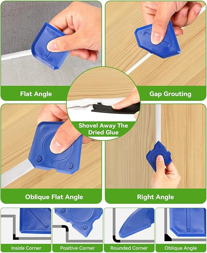 7 in 1 Caulking Tool, Caulk Remover Tool Kit with 5 Pcs Replaceable Silicone Pads, Grout Removal, Scraper for Bathroom, Kitchen and Window Sealant Trimming (7)