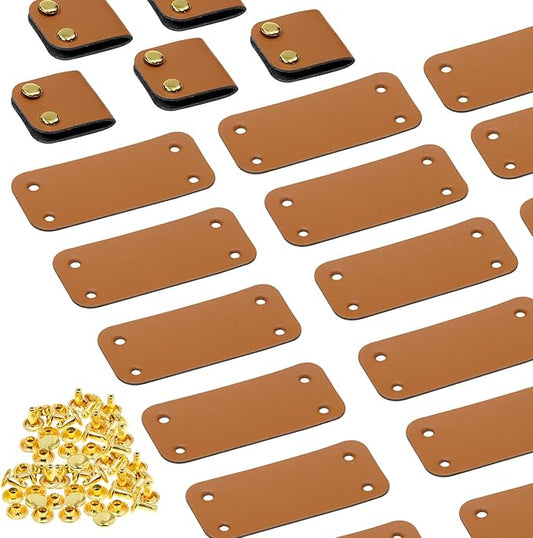 ONLYKXY Brown PU Leather Handmade Tag with Rivet Button for Knits,Rectangle Universal Blank Label Cute Repair Patch Soft Crochet Tape with Holes for DIY Clothing,Sewing Stamping,Keychain (50)