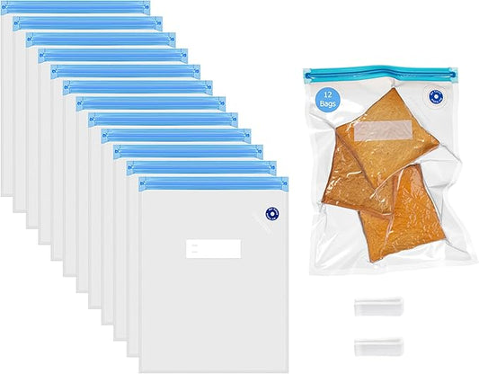 Basicwise 10" x 13" Set of 12 Reusable Airtight and Resealable Food Storage Bags Durable & Convenient Solution for Fruits Fresh Vegetables Cooked Meals & Leftovers Compatible with Most Vacuum Sealers