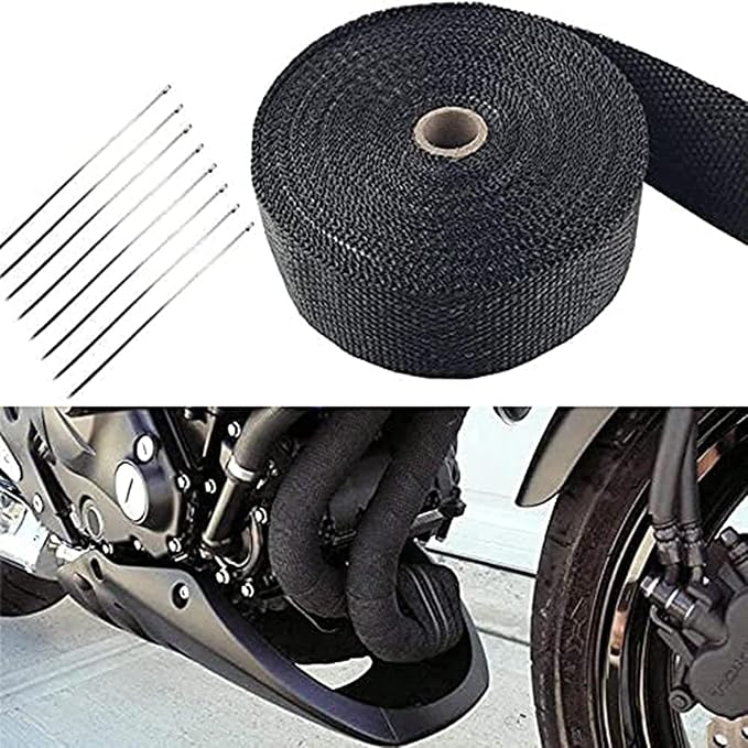 Deecam Exhaust Heat Wrap, 2'' x 16.5' Black Fiberglass Heat Resistant Exhaust Wrap Roll for Motorcycle, Car Exhaust Pipe Heat Insulation Muffler Tape with 10 Stainless Locking Ties
