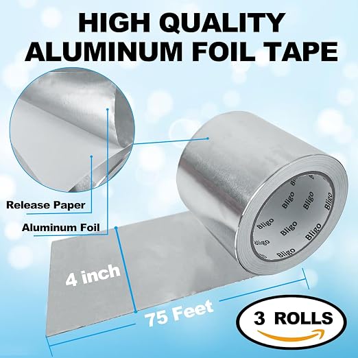 3 Pack Aluminum Foil Tape 4 Inch x 225 Feet Total, Heavy Duty Waterproof HVAC Tape, High Temperature Resistant Metal Tape for Ductwork, Dryer Vent, Pipe Insulation, Sealing & Patching