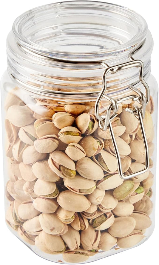 Restaurantware-Met Lux 29 Ounce Hinged Food Storage Jars, 2 Airtight Jars With Lids - Rubber Gasket, Wide Mouth, Clear Plastic Square Canisters, For Kitchen And Pantry Storage Of Bulk Dry Food