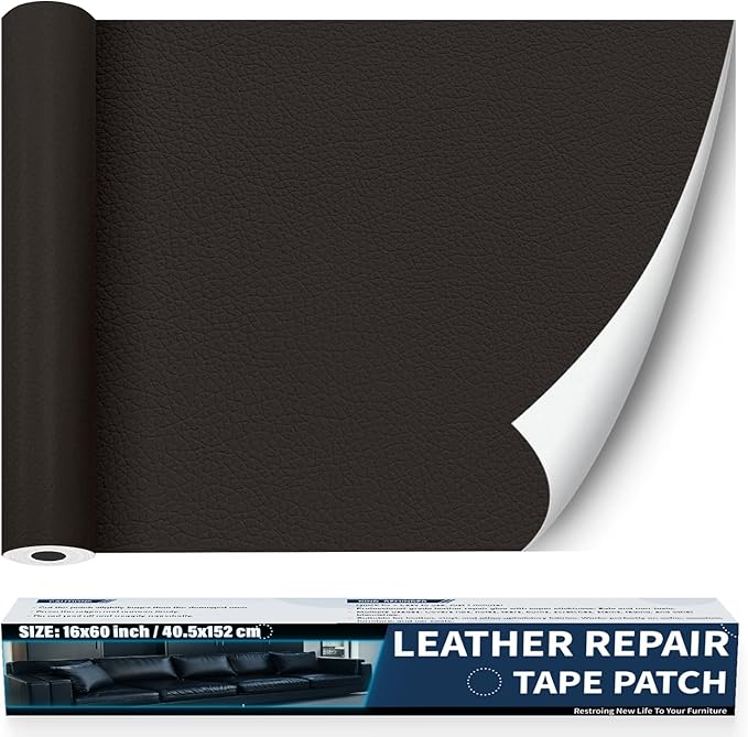 Zenyao Leather Repair Patch Tape - Self Adhesive Leather Repair Kit for Car Seat Furniture, Heavy Duty Vinyl Repair Patch for Couch Sofa, Waterproof Fix for Tears, 16x60 Inch Roll, Dark Brown