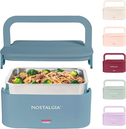 Nostalgia Portable Heated Lunch Box – 4-Cup Stainless Steel Food Warmer – Detachable Cord, Leak-Proof Lid, Carry Handle – Portable for Work & Travel – Ocean Blue